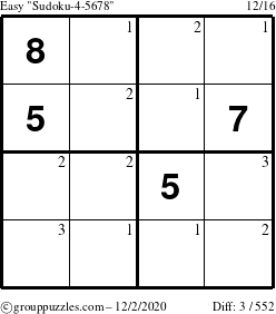 The grouppuzzles.com Easy Sudoku-4-5678 puzzle for Wednesday December 2, 2020 with the first 3 steps marked