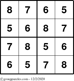 The grouppuzzles.com Answer grid for the Sudoku-4-5678 puzzle for Wednesday December 2, 2020