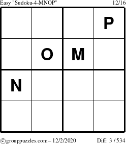 The grouppuzzles.com Easy Sudoku-4-MNOP puzzle for Wednesday December 2, 2020