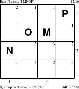 The grouppuzzles.com Easy Sudoku-4-MNOP puzzle for Wednesday December 2, 2020 with all 3 steps marked