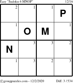 The grouppuzzles.com Easy Sudoku-4-MNOP puzzle for Wednesday December 2, 2020 with the first 3 steps marked