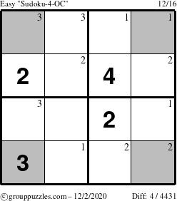 The grouppuzzles.com Easy Sudoku-4-OC puzzle for Wednesday December 2, 2020 with the first 3 steps marked