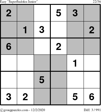 The grouppuzzles.com Easy SuperSudoku-Junior puzzle for Wednesday December 2, 2020