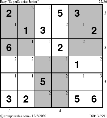 The grouppuzzles.com Easy SuperSudoku-Junior puzzle for Wednesday December 2, 2020 with all 3 steps marked