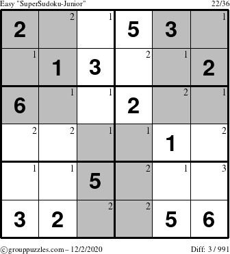 The grouppuzzles.com Easy SuperSudoku-Junior puzzle for Wednesday December 2, 2020 with the first 3 steps marked