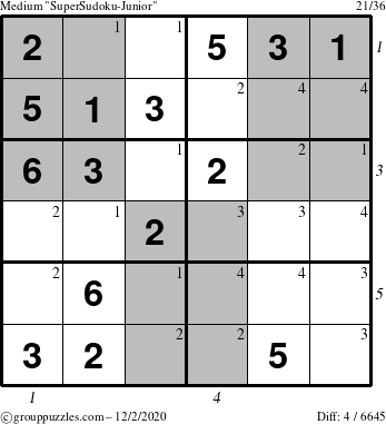 The grouppuzzles.com Medium SuperSudoku-Junior puzzle for Wednesday December 2, 2020 with all 4 steps marked