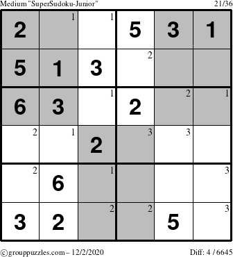 The grouppuzzles.com Medium SuperSudoku-Junior puzzle for Wednesday December 2, 2020 with the first 3 steps marked