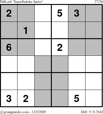 The grouppuzzles.com Difficult SuperSudoku-Junior puzzle for Wednesday December 2, 2020