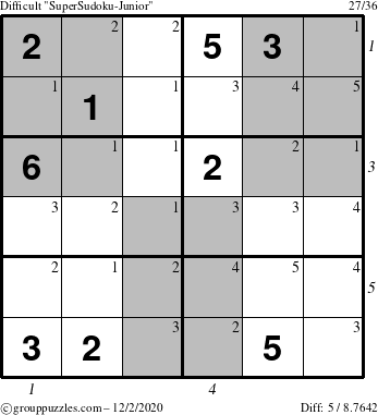 The grouppuzzles.com Difficult SuperSudoku-Junior puzzle for Wednesday December 2, 2020 with all 5 steps marked