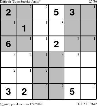 The grouppuzzles.com Difficult SuperSudoku-Junior puzzle for Wednesday December 2, 2020 with the first 3 steps marked