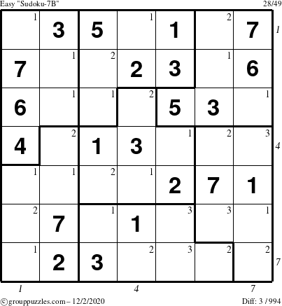 The grouppuzzles.com Easy Sudoku-7B puzzle for Wednesday December 2, 2020 with all 3 steps marked