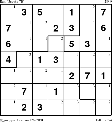 The grouppuzzles.com Easy Sudoku-7B puzzle for Wednesday December 2, 2020 with the first 3 steps marked