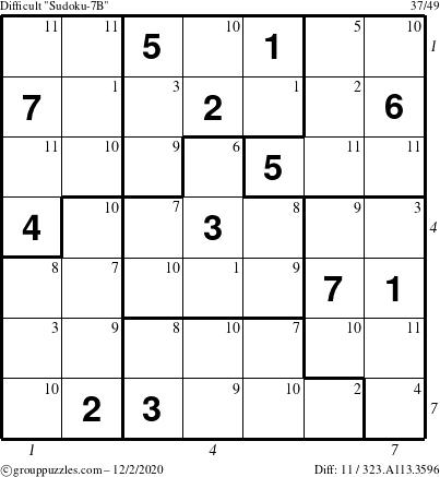 The grouppuzzles.com Difficult Sudoku-7B puzzle for Wednesday December 2, 2020 with all 11 steps marked