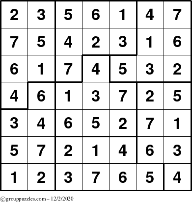 The grouppuzzles.com Answer grid for the Sudoku-7B puzzle for Wednesday December 2, 2020