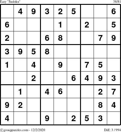 The grouppuzzles.com Easy Sudoku puzzle for Wednesday December 2, 2020