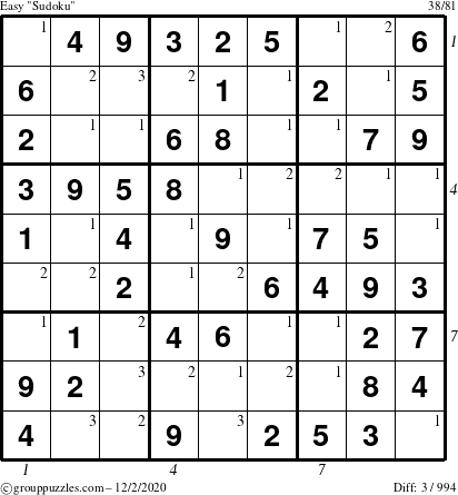 The grouppuzzles.com Easy Sudoku puzzle for Wednesday December 2, 2020 with all 3 steps marked