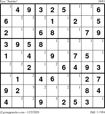 The grouppuzzles.com Easy Sudoku puzzle for Wednesday December 2, 2020 with the first 3 steps marked