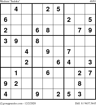 The grouppuzzles.com Medium Sudoku puzzle for Wednesday December 2, 2020