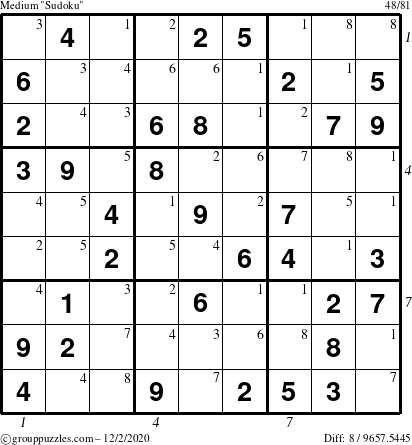 The grouppuzzles.com Medium Sudoku puzzle for Wednesday December 2, 2020 with all 8 steps marked