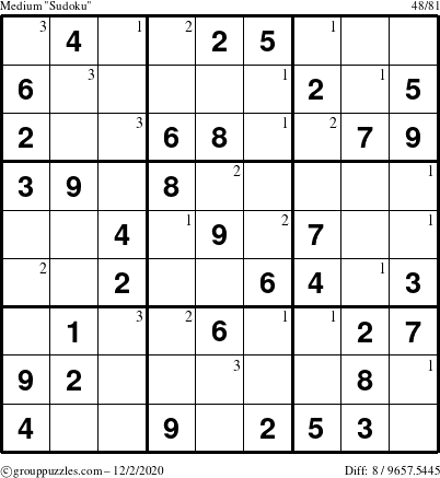 The grouppuzzles.com Medium Sudoku puzzle for Wednesday December 2, 2020 with the first 3 steps marked