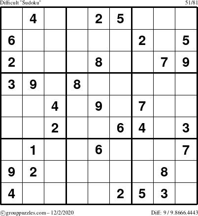 The grouppuzzles.com Difficult Sudoku puzzle for Wednesday December 2, 2020