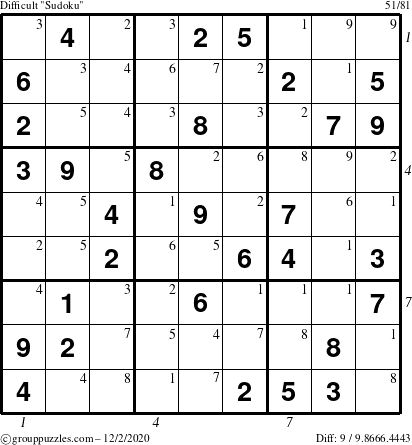 The grouppuzzles.com Difficult Sudoku puzzle for Wednesday December 2, 2020 with all 9 steps marked