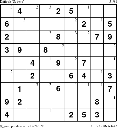 The grouppuzzles.com Difficult Sudoku puzzle for Wednesday December 2, 2020 with the first 3 steps marked