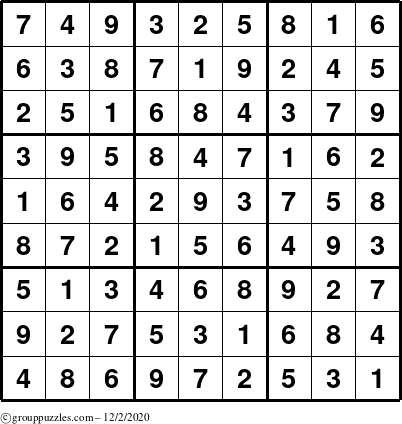 The grouppuzzles.com Answer grid for the Sudoku puzzle for Wednesday December 2, 2020