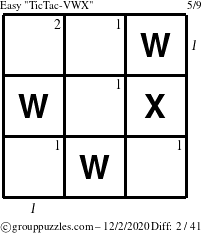 The grouppuzzles.com Easy TicTac-VWX puzzle for Wednesday December 2, 2020 with all 2 steps marked