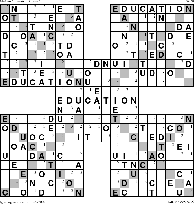 The grouppuzzles.com Medium Education-Xtreme puzzle for Wednesday December 2, 2020 with the first 3 steps marked