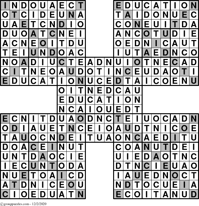 The grouppuzzles.com Answer grid for the Education-Xtreme puzzle for Wednesday December 2, 2020