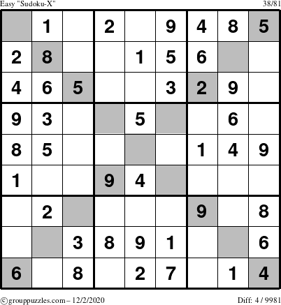 The grouppuzzles.com Easy Sudoku-X puzzle for Wednesday December 2, 2020