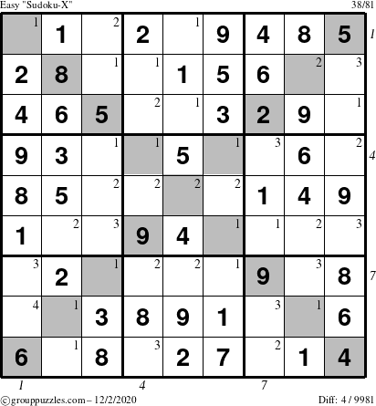 The grouppuzzles.com Easy Sudoku-X puzzle for Wednesday December 2, 2020, suitable for printing, with all 4 steps marked