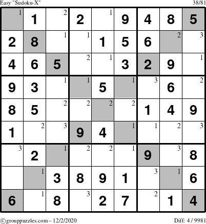 The grouppuzzles.com Easy Sudoku-X puzzle for Wednesday December 2, 2020 with the first 3 steps marked