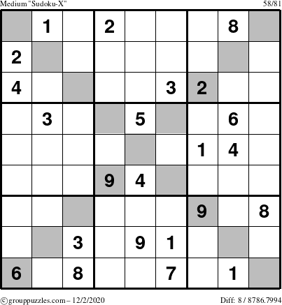 The grouppuzzles.com Medium Sudoku-X puzzle for Wednesday December 2, 2020