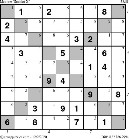 The grouppuzzles.com Medium Sudoku-X puzzle for Wednesday December 2, 2020 with all 8 steps marked