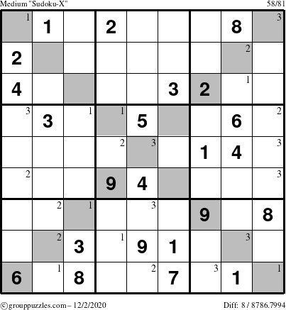 The grouppuzzles.com Medium Sudoku-X puzzle for Wednesday December 2, 2020 with the first 3 steps marked