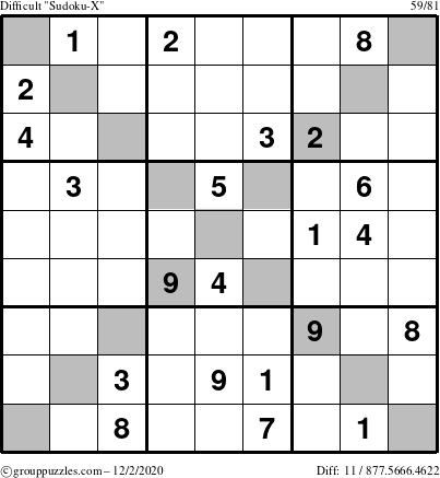 The grouppuzzles.com Difficult Sudoku-X puzzle for Wednesday December 2, 2020