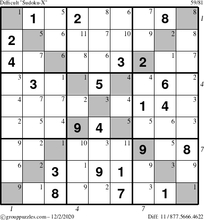 The grouppuzzles.com Difficult Sudoku-X puzzle for Wednesday December 2, 2020 with all 11 steps marked