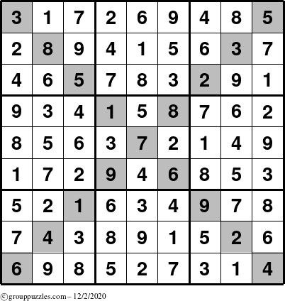 The grouppuzzles.com Answer grid for the Sudoku-X puzzle for Wednesday December 2, 2020