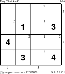 The grouppuzzles.com Easy Sudoku-4 puzzle for Saturday December 5, 2020 with all 3 steps marked