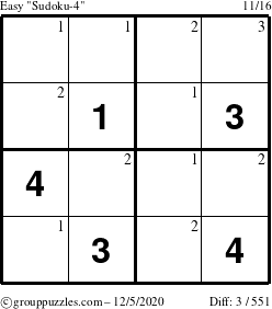 The grouppuzzles.com Easy Sudoku-4 puzzle for Saturday December 5, 2020 with the first 3 steps marked