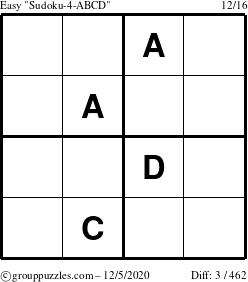 The grouppuzzles.com Easy Sudoku-4-ABCD puzzle for Saturday December 5, 2020