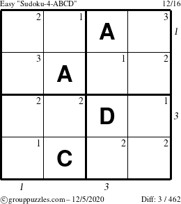 The grouppuzzles.com Easy Sudoku-4-ABCD puzzle for Saturday December 5, 2020, suitable for printing, with all 3 steps marked