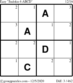 The grouppuzzles.com Easy Sudoku-4-ABCD puzzle for Saturday December 5, 2020 with the first 3 steps marked