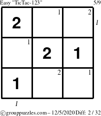 The grouppuzzles.com Easy TicTac-123 puzzle for Saturday December 5, 2020 with all 2 steps marked