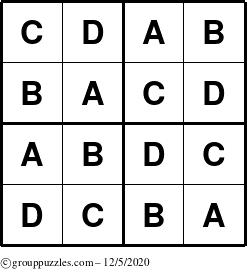 The grouppuzzles.com Answer grid for the Sudoku-4-ABCD puzzle for Saturday December 5, 2020