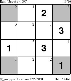 The grouppuzzles.com Easy Sudoku-4-OC puzzle for Saturday December 5, 2020 with the first 3 steps marked