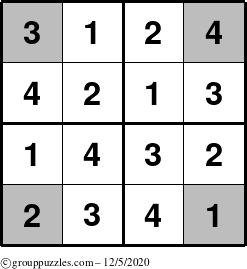 The grouppuzzles.com Answer grid for the Sudoku-4-OC puzzle for Saturday December 5, 2020