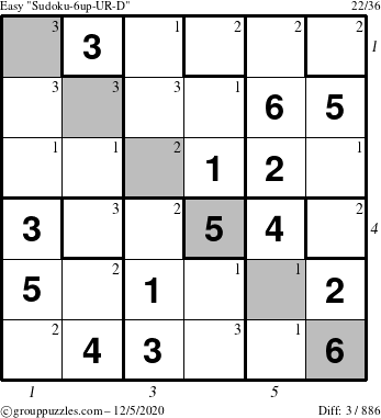 The grouppuzzles.com Easy Sudoku-6up-UR-D puzzle for Saturday December 5, 2020 with all 3 steps marked